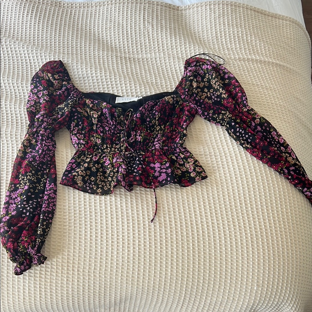 Astr Purple and Pink Smocked Puff Sleeve Blouse